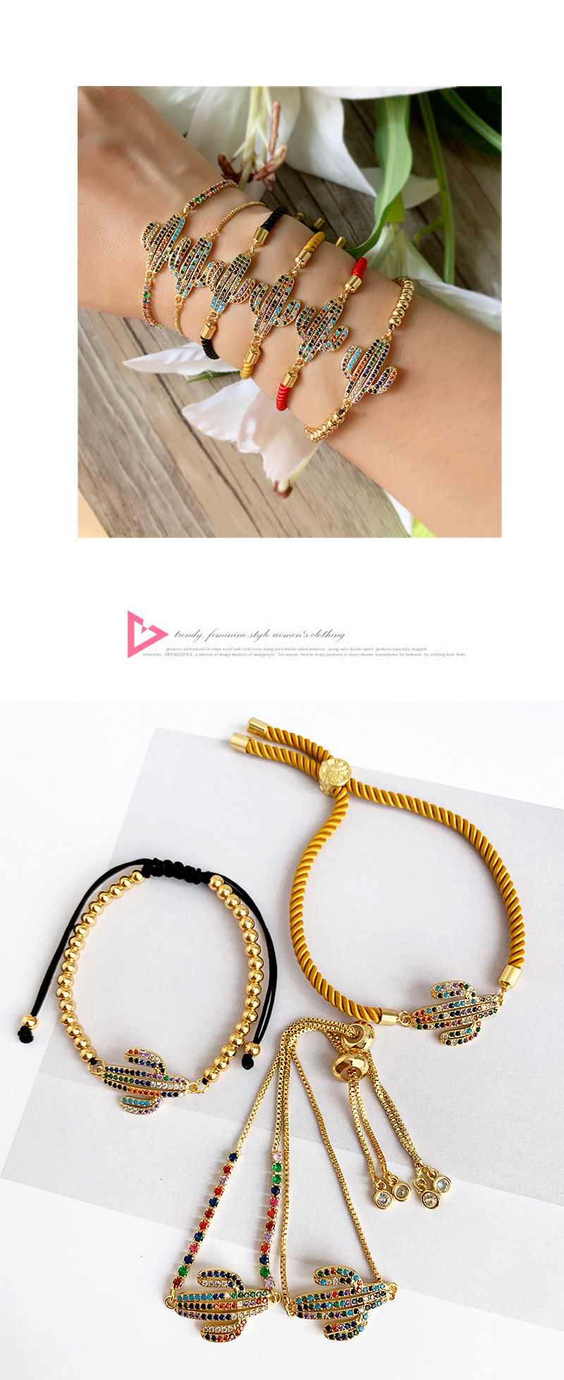 Fashion Gold Copper Inlaid Zircon Beaded Cactus Bracelet,Bracelets