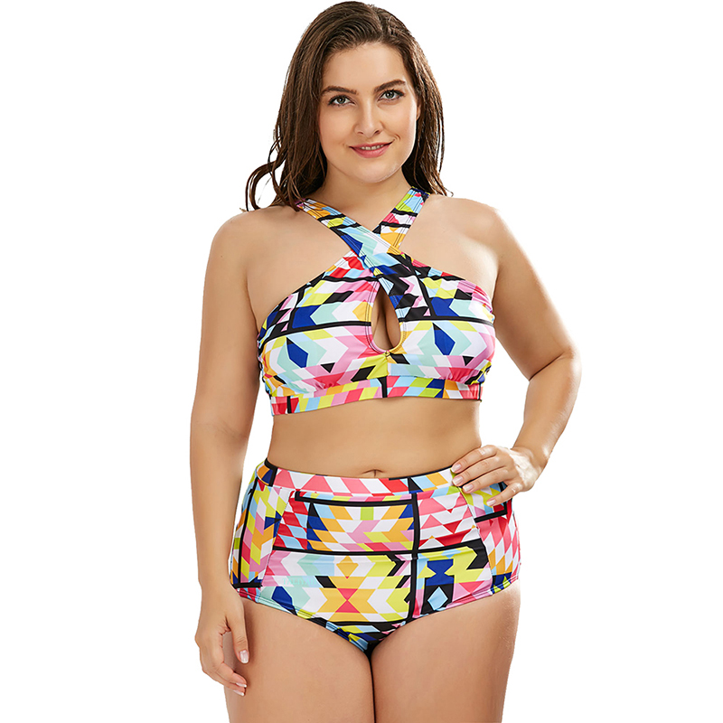 Fashion Stripe Printed Striped High Waist Split Swimsuit,Swimwear Plus Size