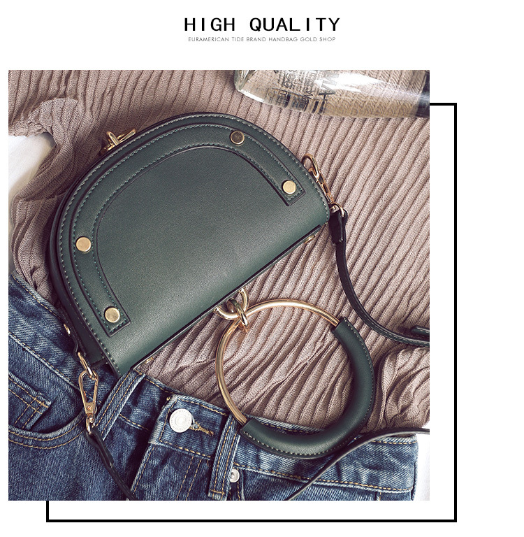 Fashion Dark Green Metal Handlebar Semicircular Shoulder Bag,Handbags
