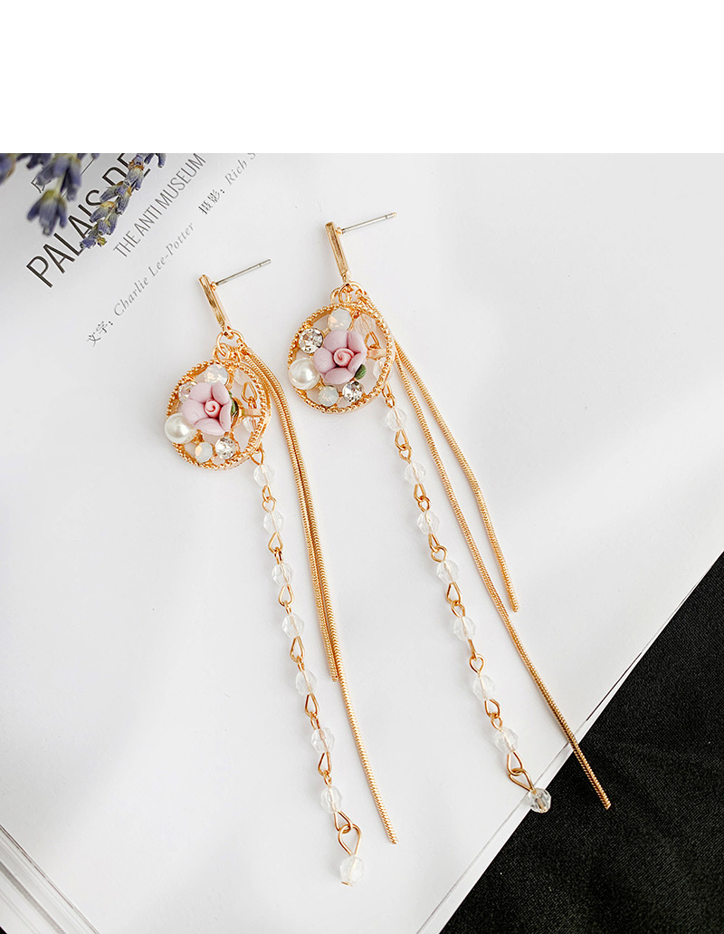 Fashion Pink Alloy Resin Flower Tassel Earrings,Drop Earrings