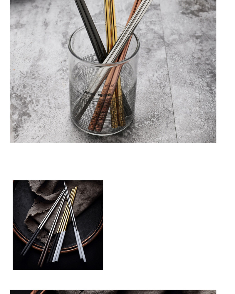 Fashion Rose Gold 304 Stainless Steel Black Titanium Gold Square Anti-hot Chopsticks Set,Household goods