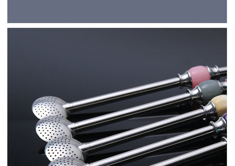 Fashion Color Bead Round Head Straw Set 304 Stainless Steel Straw Spoon Set (5pcs),Household goods