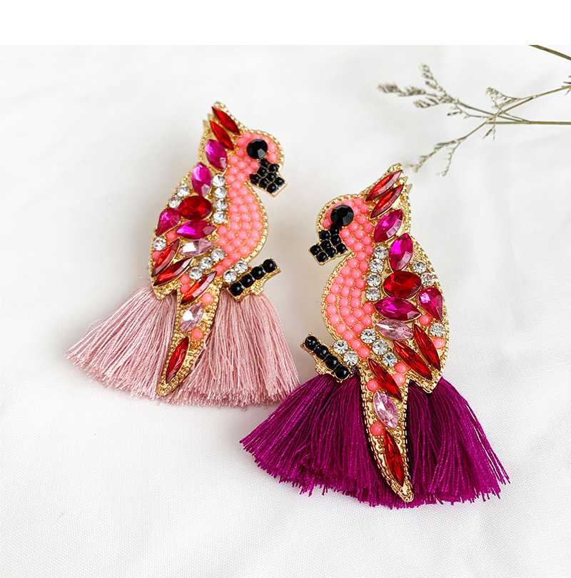 Fashion Color + Red Alloy-studded Parrot Tassel Earrings,Drop Earrings