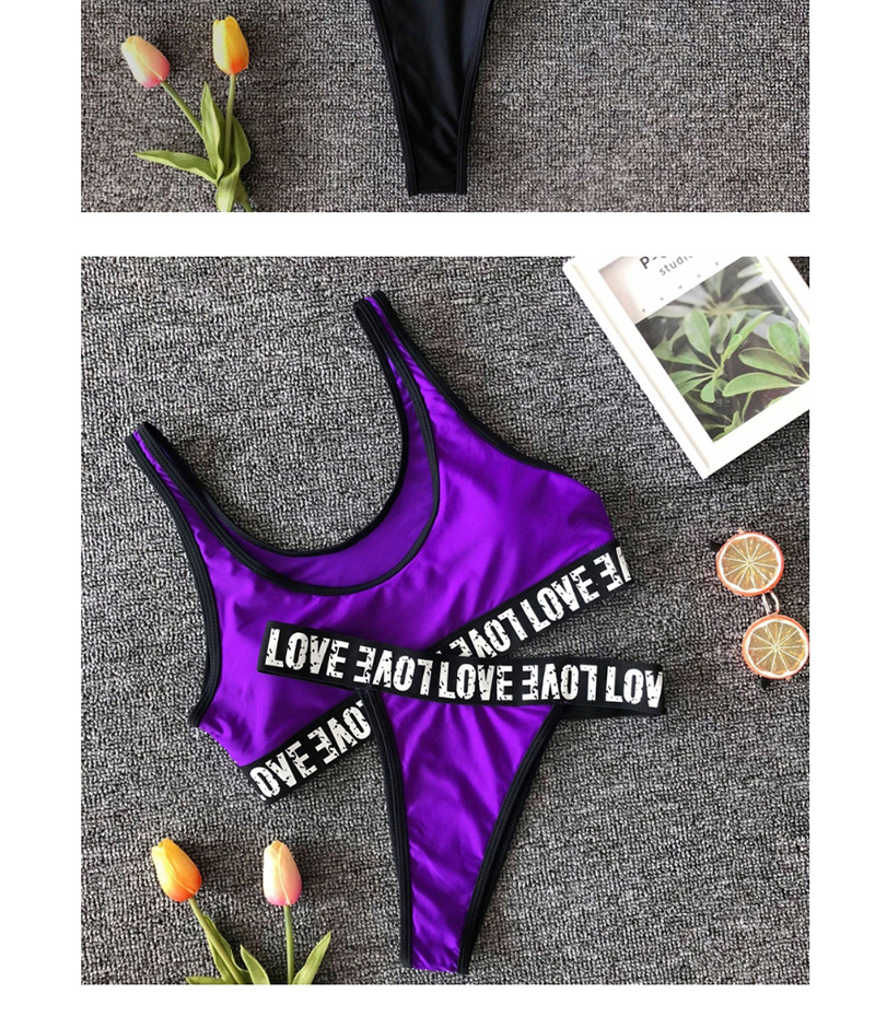 Fashion Purple Pulled Love Strip Split Swimsuit,Bikini Sets