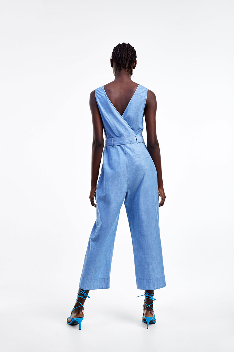 Fashion Blue Front Zipper Tencel Denim Jumpsuit,Pants
