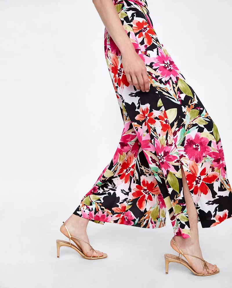 Fashion Color Flower Print V-neck Jumpsuit,Pants