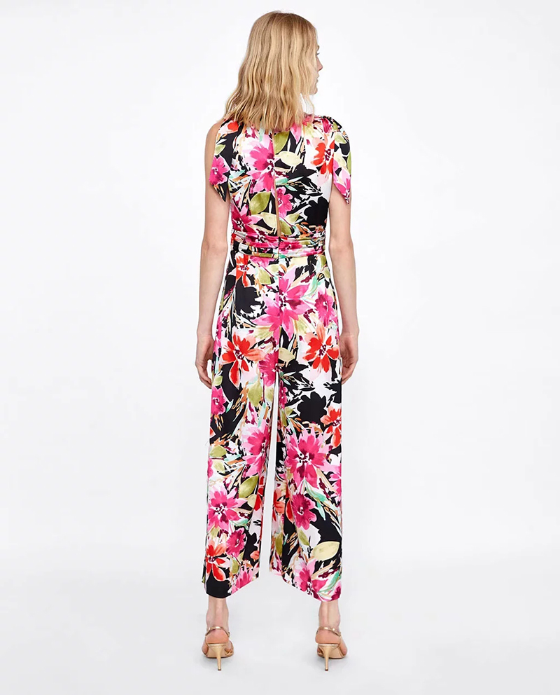 Fashion Color Flower Print V-neck Jumpsuit,Pants