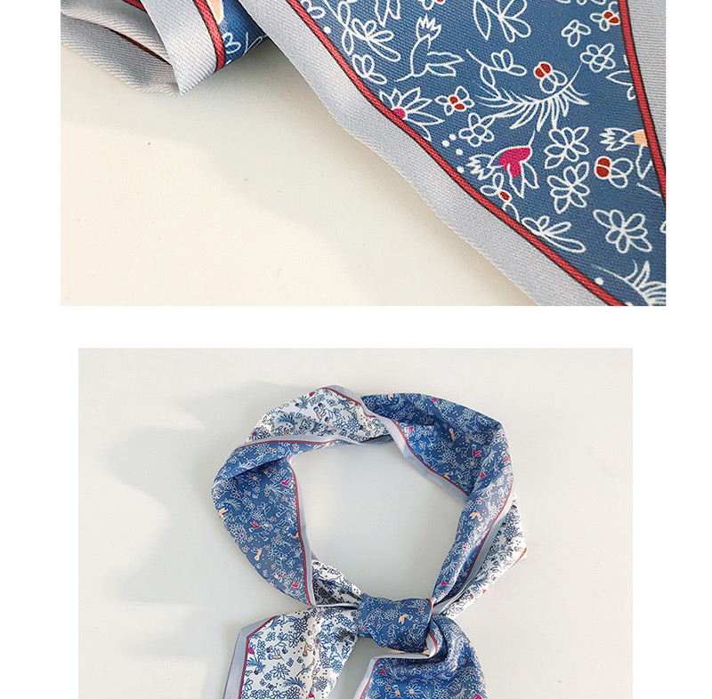 Fashion Hand Drawn Flowers And Birds Blue Simulation Silk Double-layer Large Ribbon Scarf,Thin Scaves