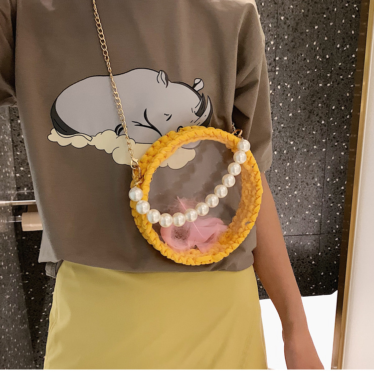 Fashion Color Transparent Round Crochet Yarn Pearl Portable Cross Shoulder Bag,Handbags