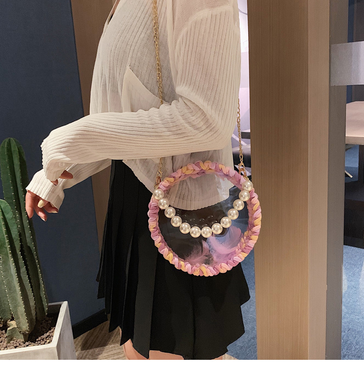 Fashion Yellow Transparent Round Crochet Yarn Pearl Portable Cross Shoulder Bag,Handbags