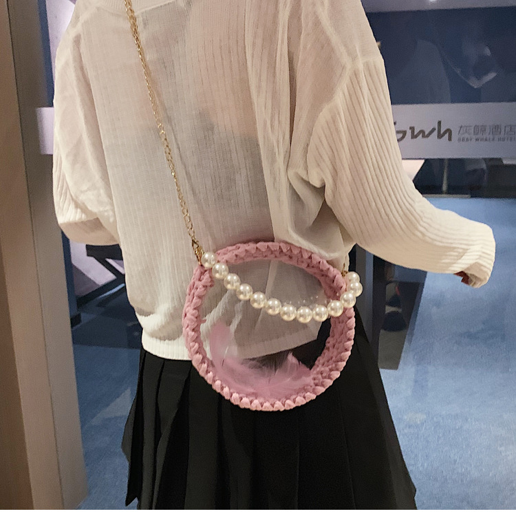 Fashion Blue Transparent Round Crochet Yarn Pearl Portable Cross Shoulder Bag,Handbags
