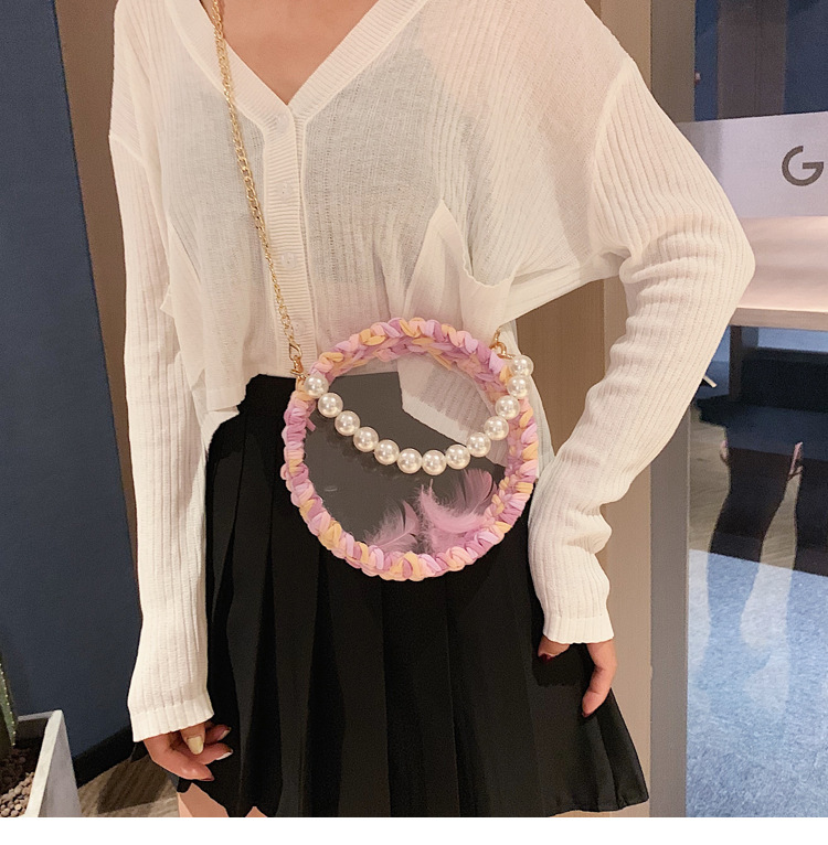 Fashion Color Transparent Round Crochet Yarn Pearl Portable Cross Shoulder Bag,Handbags