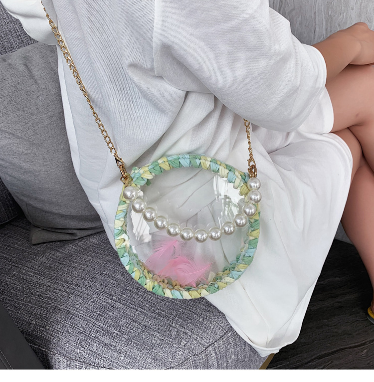 Fashion Black Transparent Round Crochet Yarn Pearl Portable Cross Shoulder Bag,Handbags