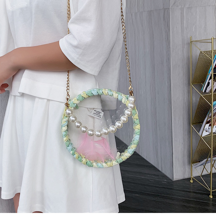 Fashion Pink Transparent Round Crochet Yarn Pearl Portable Cross Shoulder Bag,Handbags