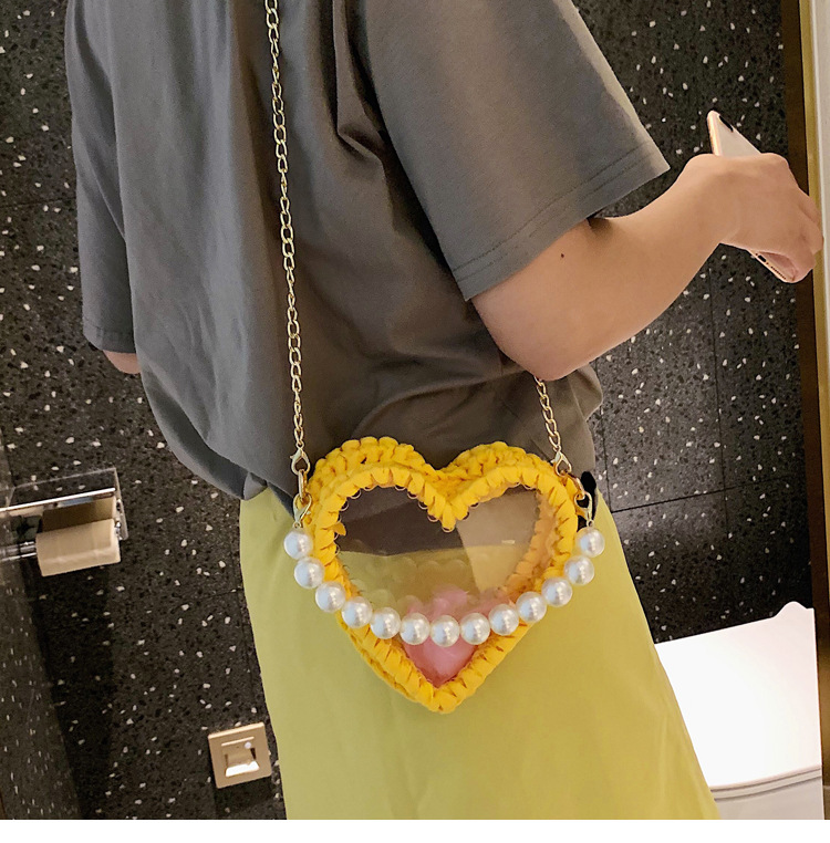 Fashion Yellow Woven Heart Shaped Transparent Pearl Handbag Shoulder Crossbody Bag,Handbags