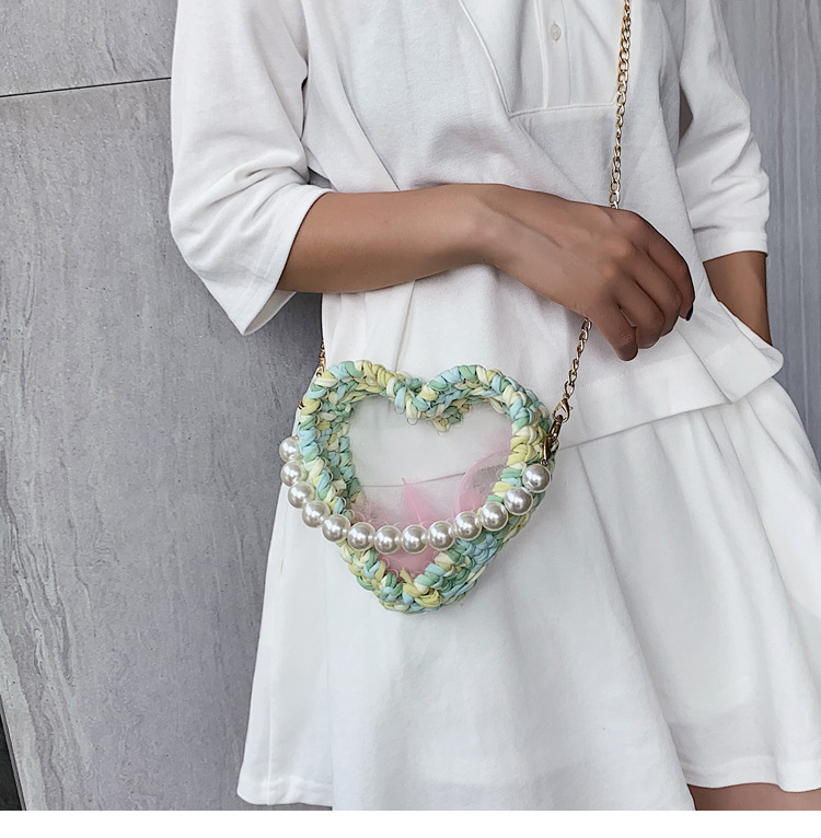 Fashion Yellow Woven Heart Shaped Transparent Pearl Handbag Shoulder Crossbody Bag,Handbags