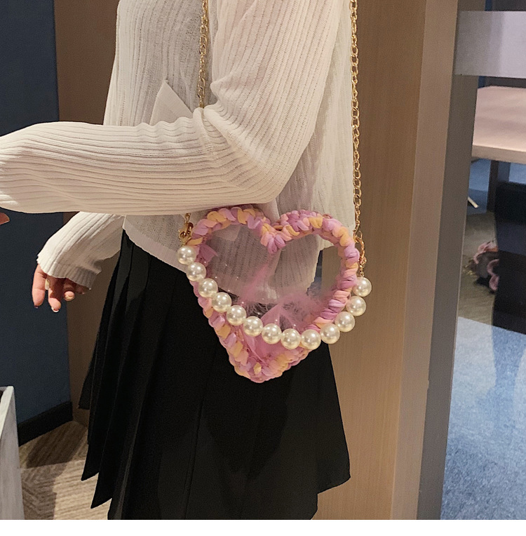 Fashion Pink Woven Heart Shaped Transparent Pearl Handbag Shoulder Crossbody Bag,Handbags
