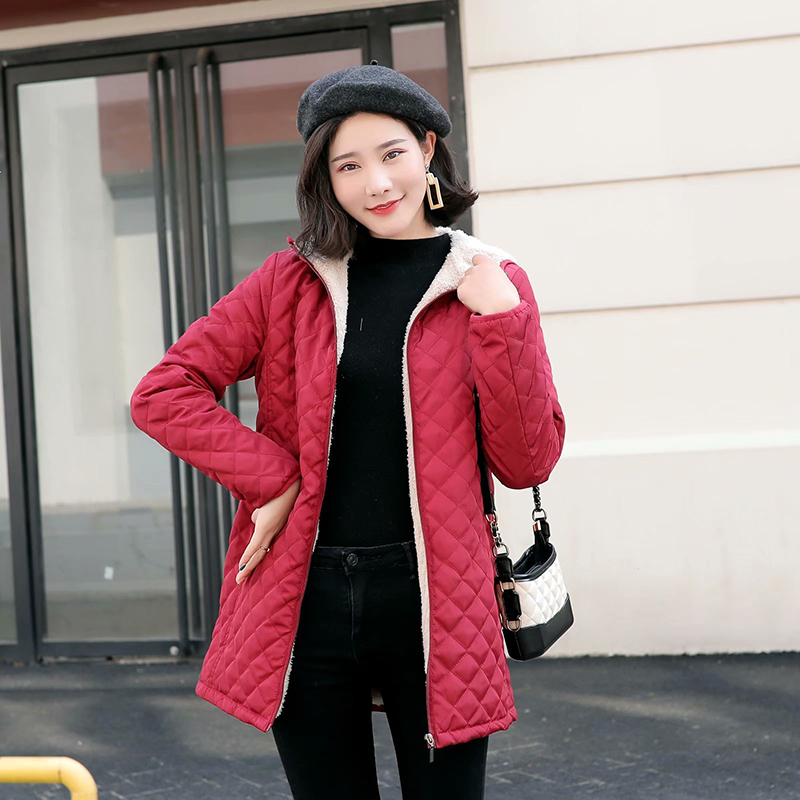 Fashion Red Hooded Warm Lambskin Long-sleeved Cotton Coat,Coat-Jacket