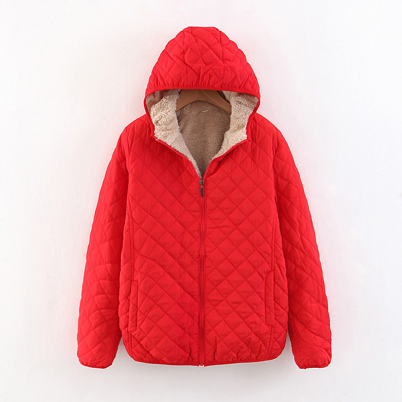 Fashion Big Red Checked Lamb Hooded Hooded Padded Coat,Coat-Jacket