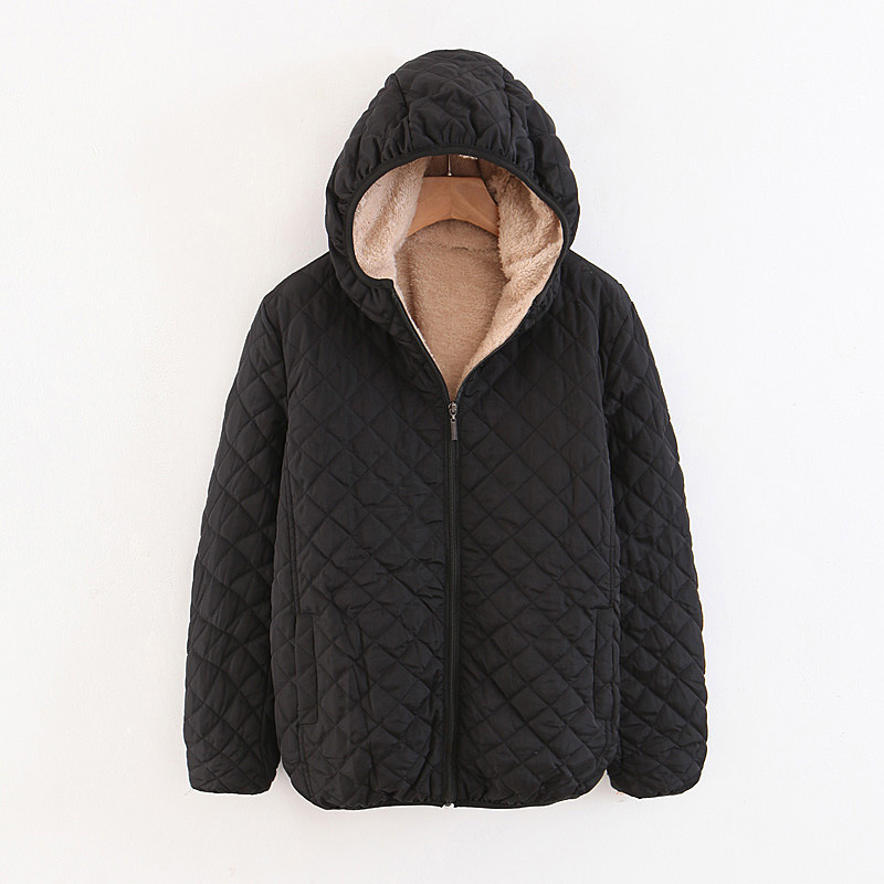 Fashion Black Checked Lamb Hooded Hooded Padded Coat,Coat-Jacket