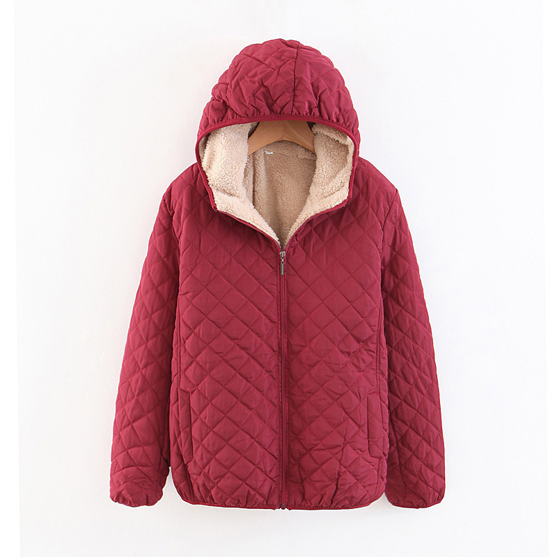 Fashion Red Wine Checked Lamb Hooded Hooded Padded Coat,Coat-Jacket