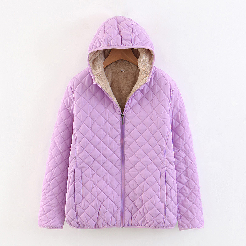 Fashion Purple Checked Lamb Hooded Hooded Padded Coat,Coat-Jacket