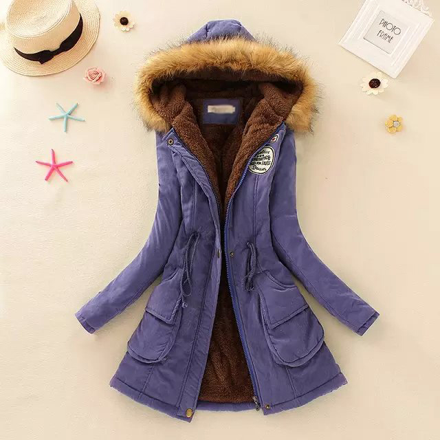 Fashion Lake Blue Thickened Hooded Long Fur Collar Lamb Fluffy Drawstring Cotton Coat,Coat-Jacket
