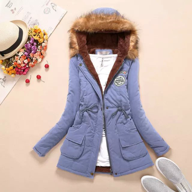 Fashion Light Blue Thickened Hooded Long Fur Collar Lamb Fluffy Drawstring Cotton Coat,Coat-Jacket