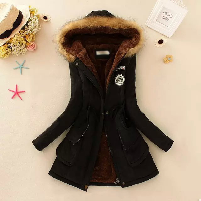 Fashion Black Thickened Hooded Long Fur Collar Lamb Fluffy Drawstring Cotton Coat,Coat-Jacket