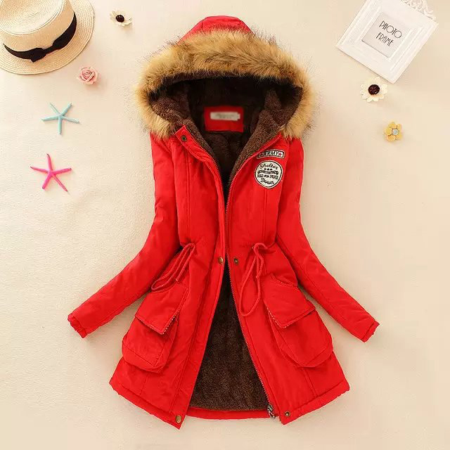 Fashion Big Red Thickened Hooded Long Fur Collar Lamb Fluffy Drawstring Cotton Coat,Coat-Jacket