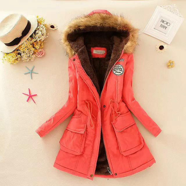 Fashion Dark Pink Thickened Hooded Long Fur Collar Lamb Fluffy Drawstring Cotton Coat,Coat-Jacket
