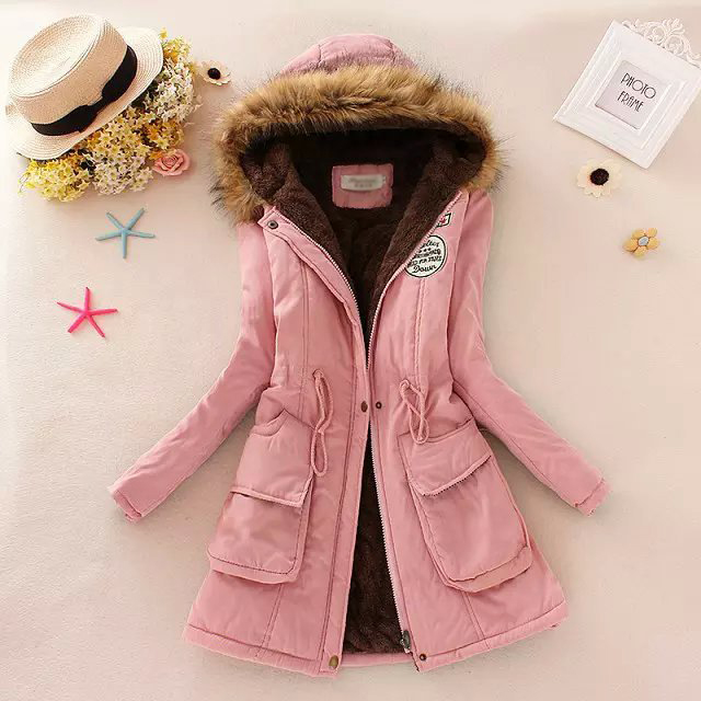 Fashion Bright Pink Thickened Hooded Long Fur Collar Lamb Fluffy Drawstring Cotton Coat,Coat-Jacket
