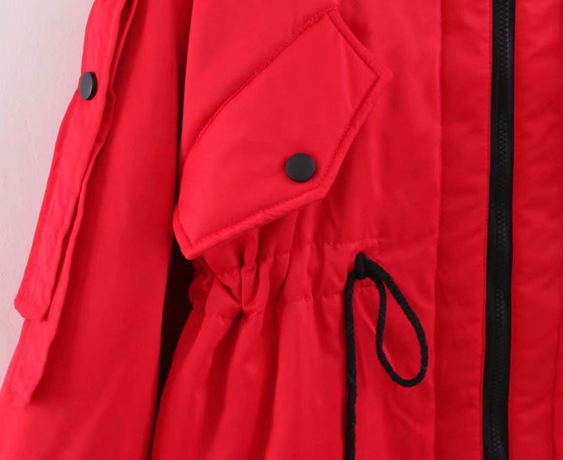Fashion Black Thickened Drawstring Waist Hooded Cotton Coat,Coat-Jacket