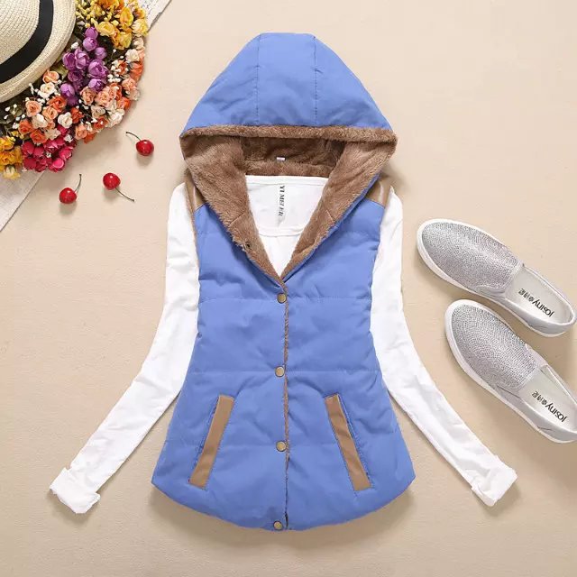 Fashion Blue Thickened And Velvet Hooded Cotton Vest,Coat-Jacket