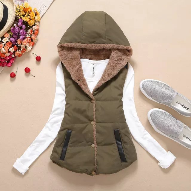 Fashion Armygreen Thickened And Velvet Hooded Cotton Vest,Coat-Jacket