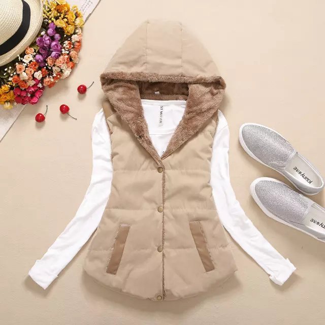 Fashion Khaki Thickened And Velvet Hooded Cotton Vest,Coat-Jacket