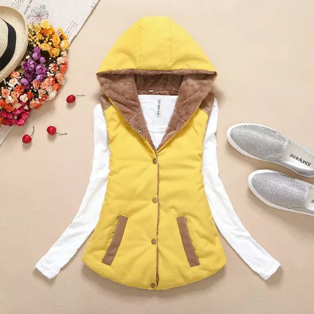 Fashion Yellow Thickened And Velvet Hooded Cotton Vest,Coat-Jacket