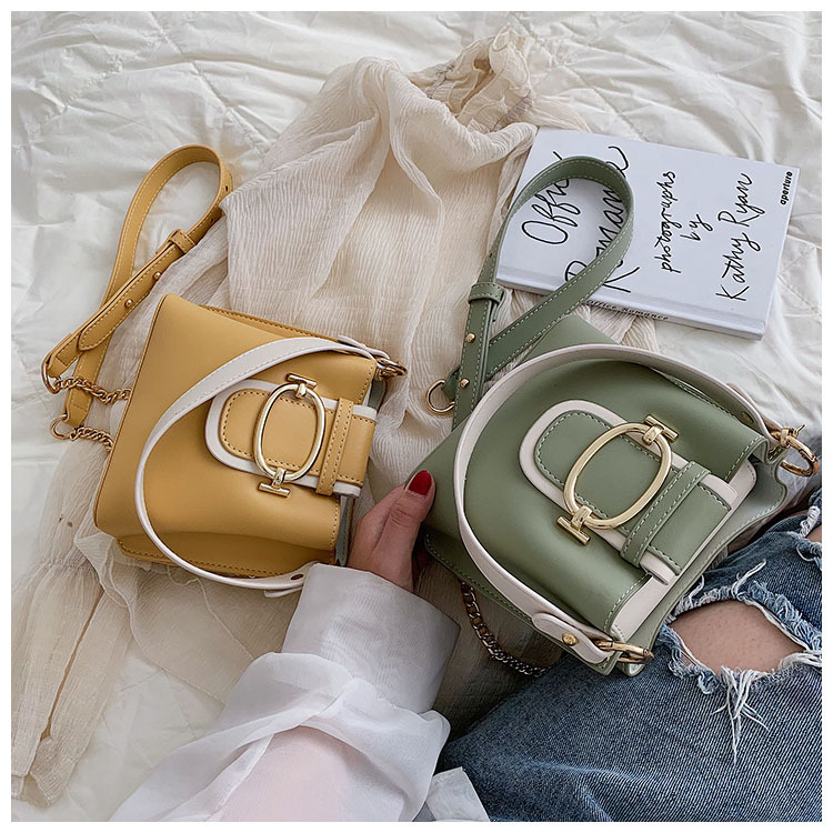 Fashion Yellow Contrast Belt Buckle Hand Strap Shoulder Messenger Bag,Handbags