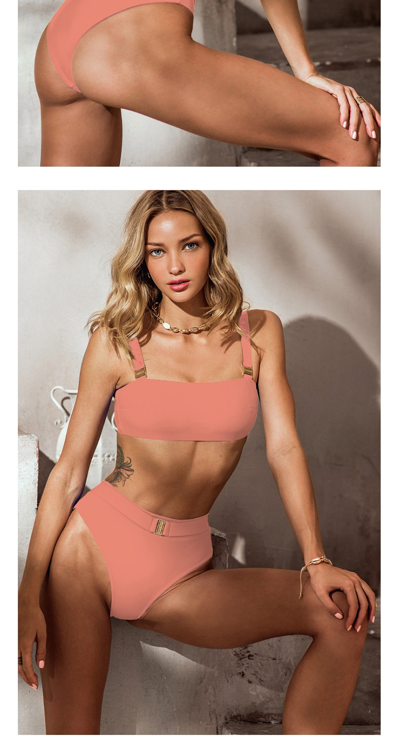 Fashion Pink Metal Buckle Bandage High Waist Split Swimsuit,Bikini Sets
