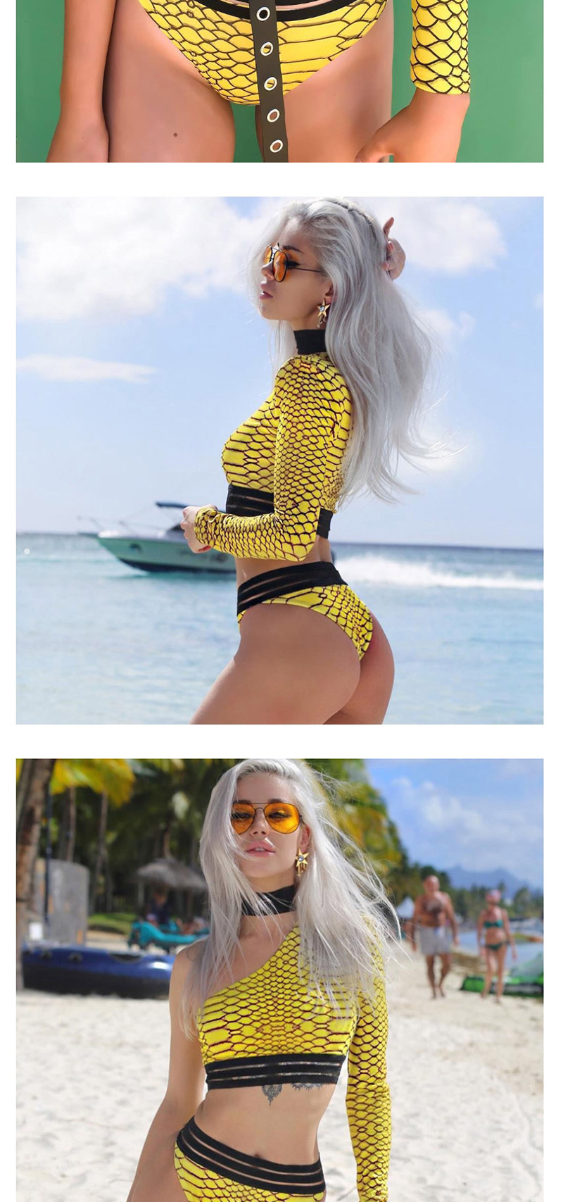 Fashion Fluorescent Yellow Python Print Ribbon Webbing One-shoulder Split Swimsuit,Bikini Sets