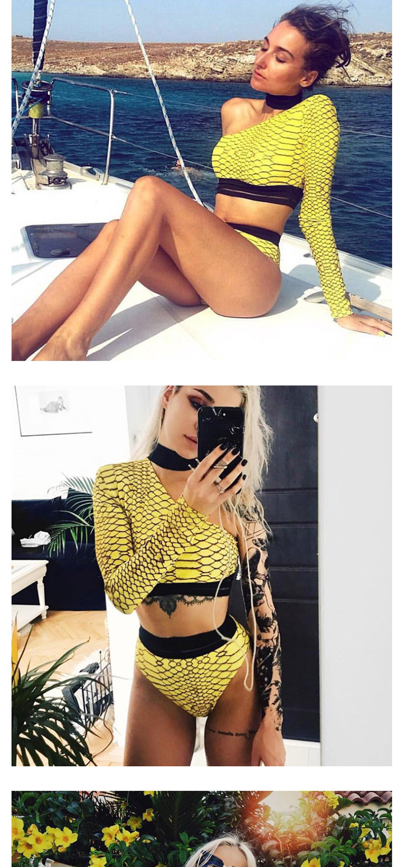 Fashion Fluorescent Yellow Python Print Ribbon Webbing One-shoulder Split Swimsuit,Bikini Sets