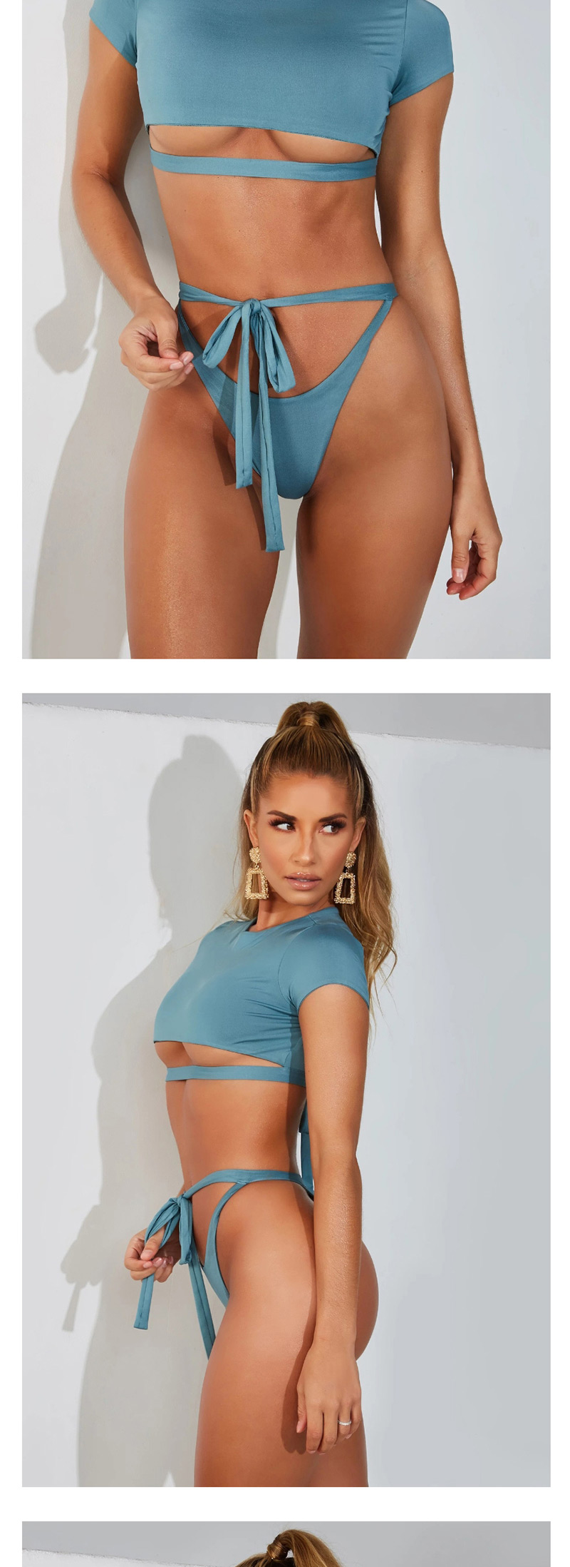 Fashion Blue Lace-up Bandage High Waist Split Swimsuit,Bikini Sets