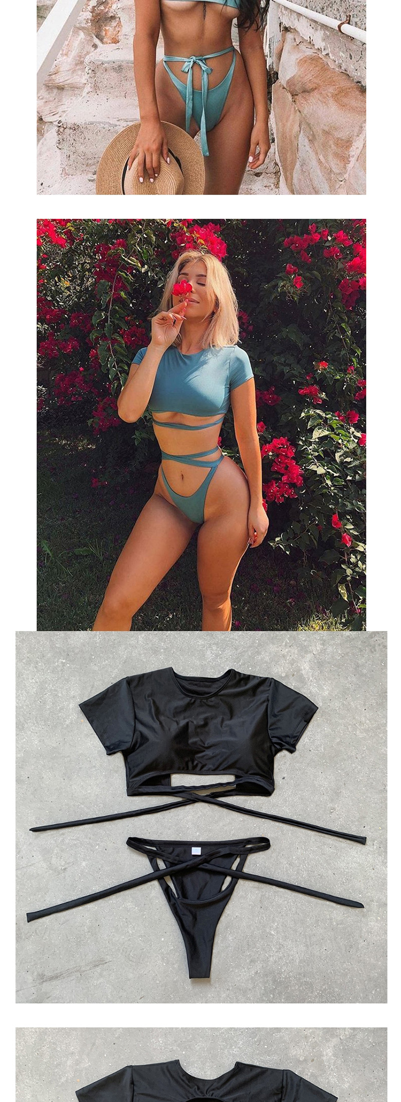 Fashion Black Lace-up Bandage High Waist Split Swimsuit,Bikini Sets