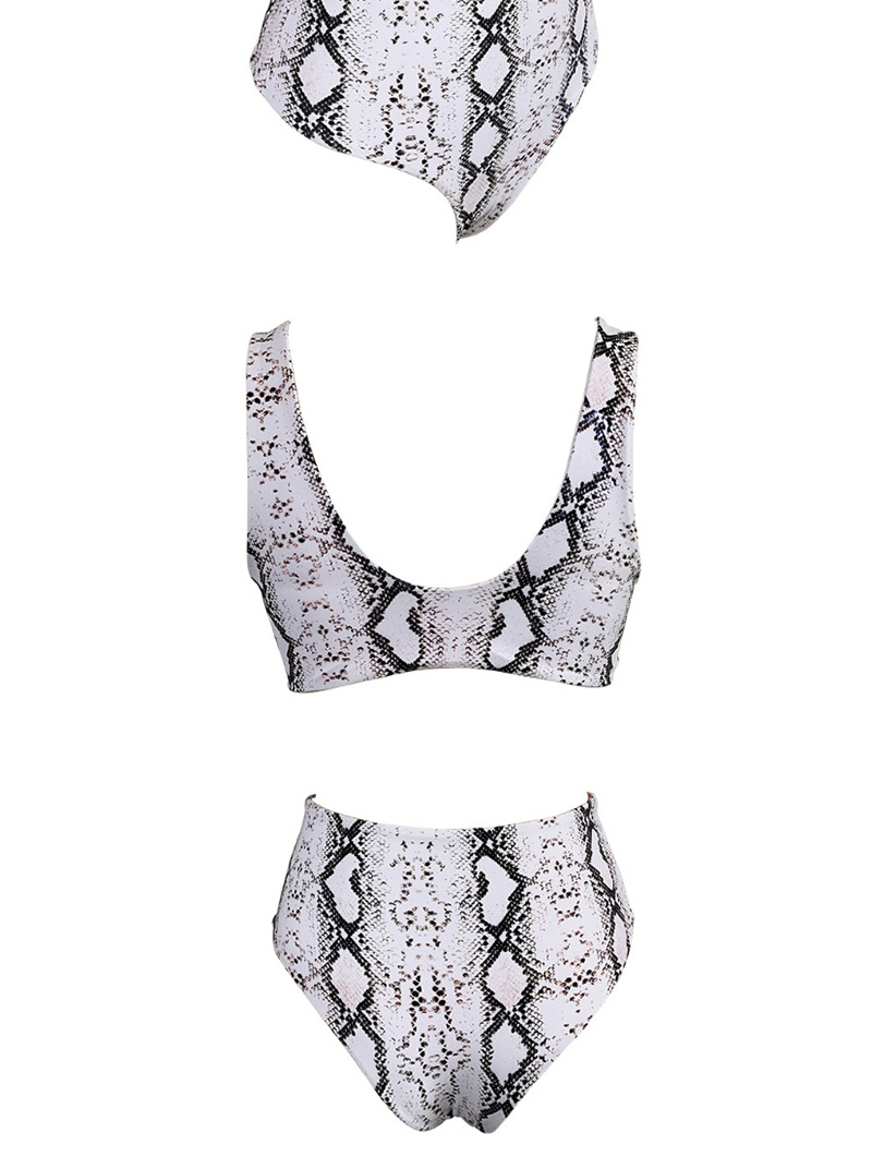 Fashion White Knotted Snake Print High Waist Split Swimsuit On The Chest,Bikini Sets