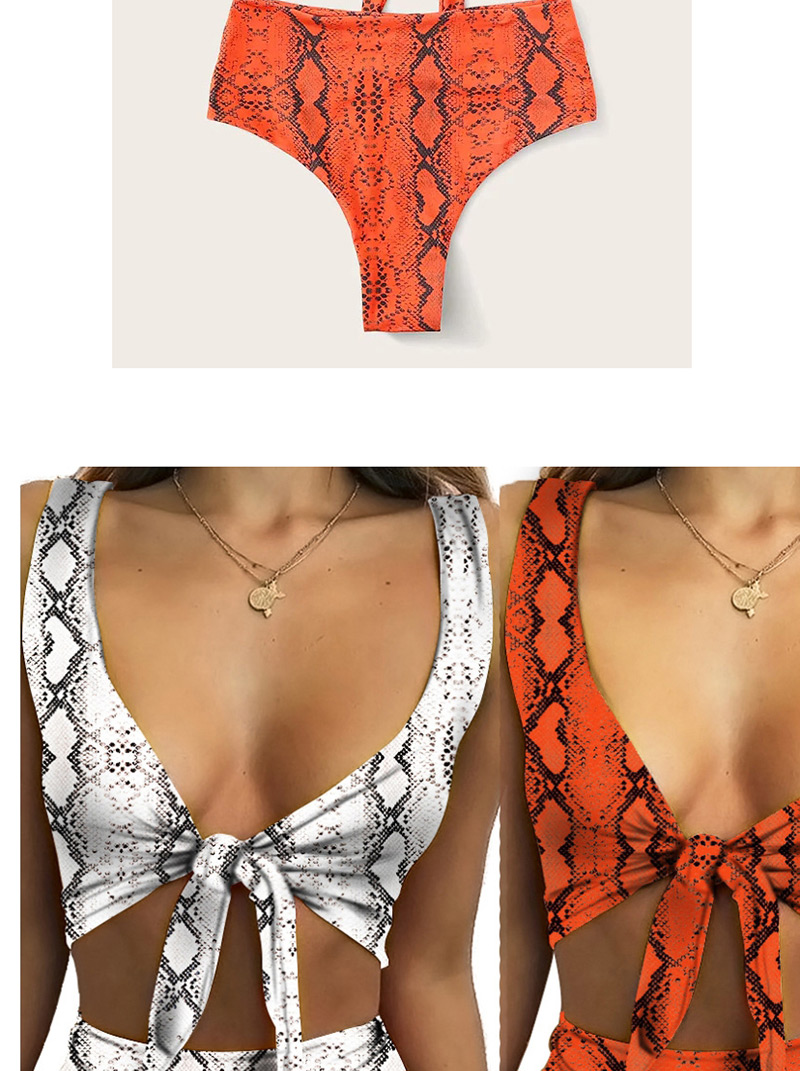 Fashion Orange Knotted Snake Print High Waist Split Swimsuit On The Chest,Bikini Sets