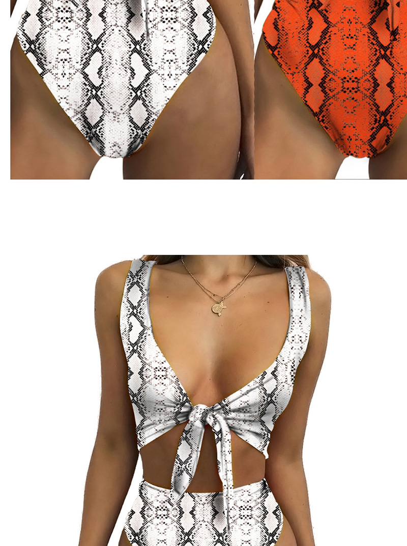 Fashion Orange Knotted Snake Print High Waist Split Swimsuit On The Chest,Bikini Sets