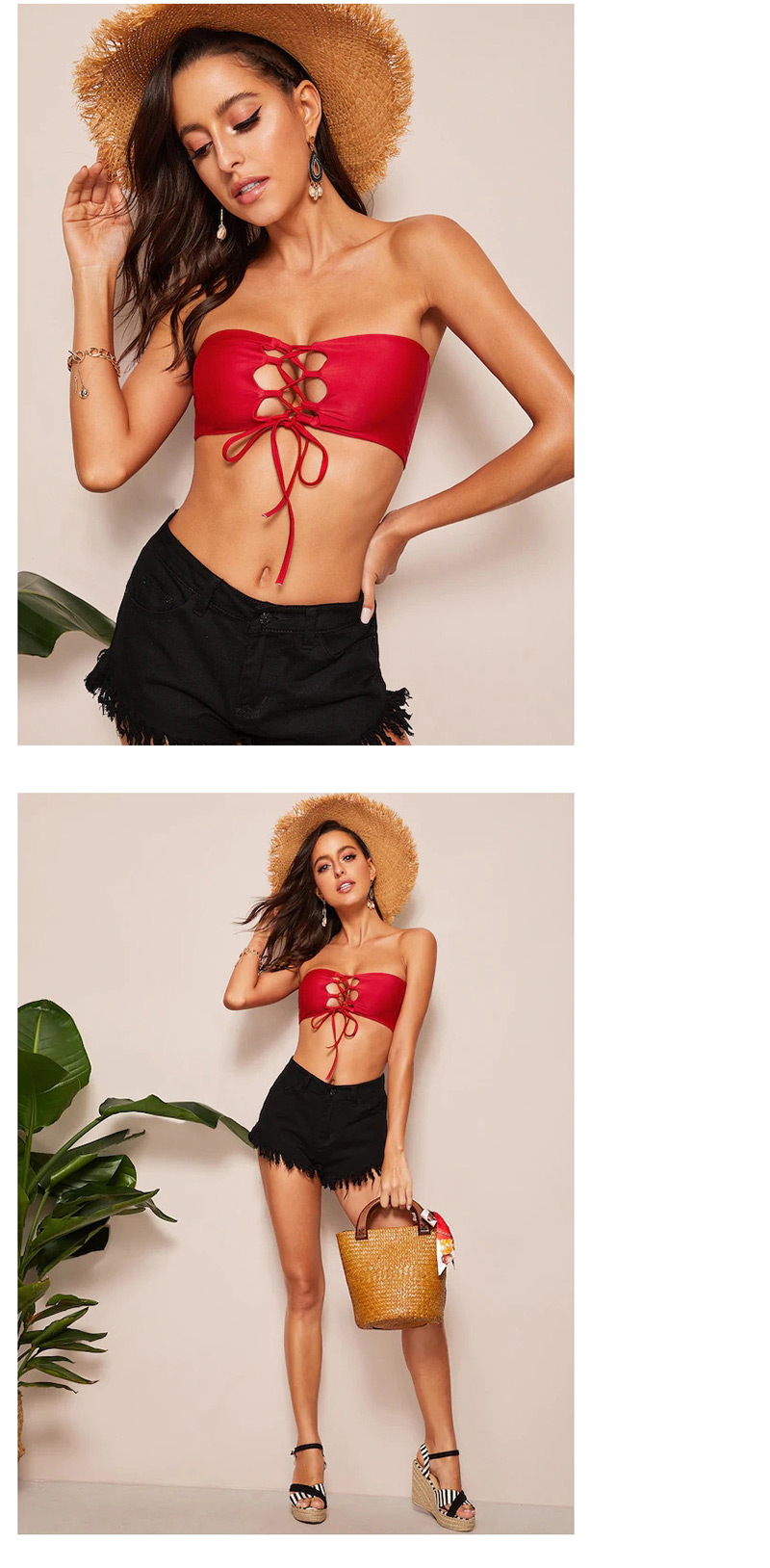 Fashion Red Openwork Tie-up Top,Bikini Sets