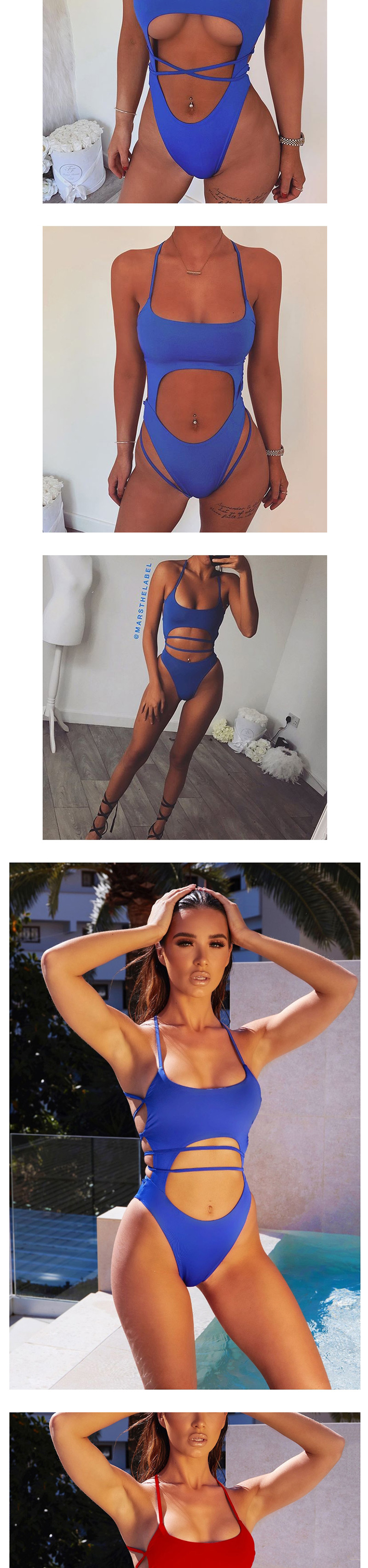 Fashion Blue Openwork Bandage Cross-piece Swimsuit,One Pieces