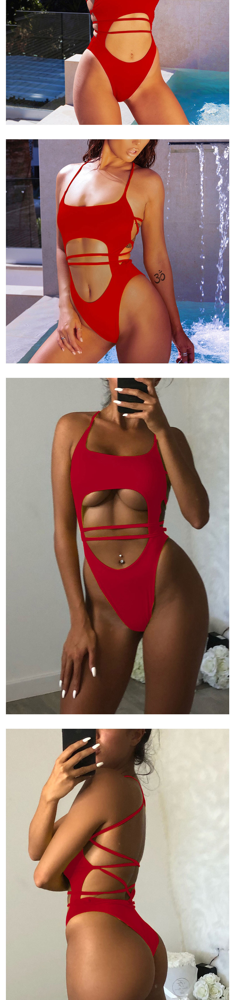 Fashion Red Openwork Bandage Cross-piece Swimsuit,One Pieces