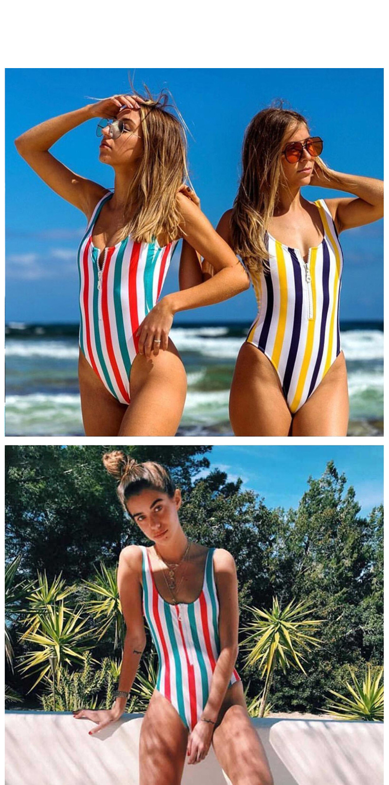 Fashion Yellow Striped Zipper Halter One-piece Swimsuit,One Pieces